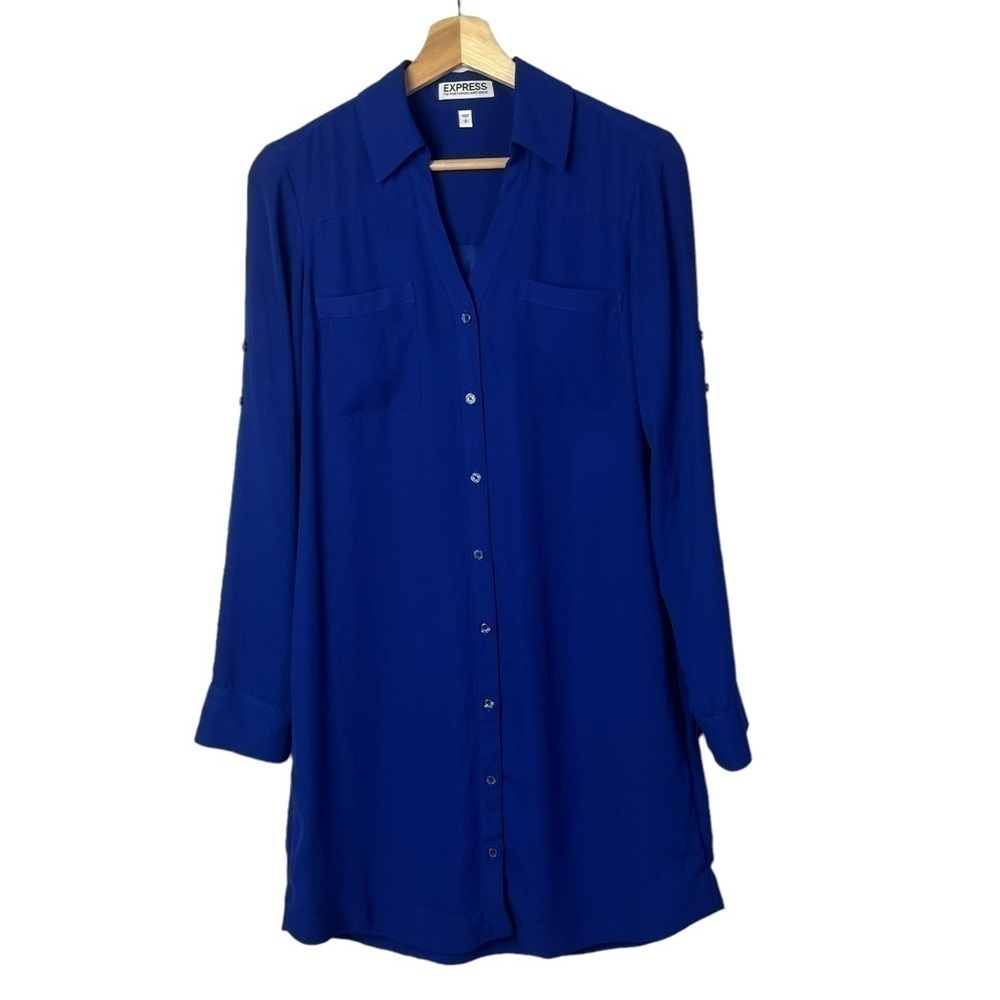 Express Portofino Royal Blue Button‎ Down Long Sleeve Shirt Dress S